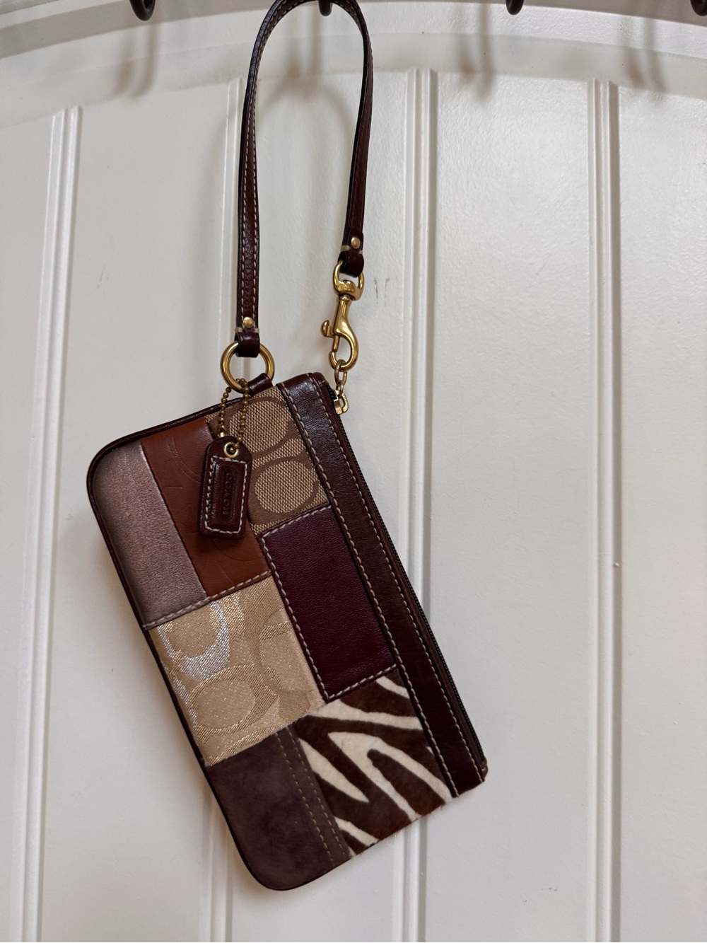 Y2K Coach Leather/Suede/Hide Patchwork Wristlet in Brown, Burgundy and Gold